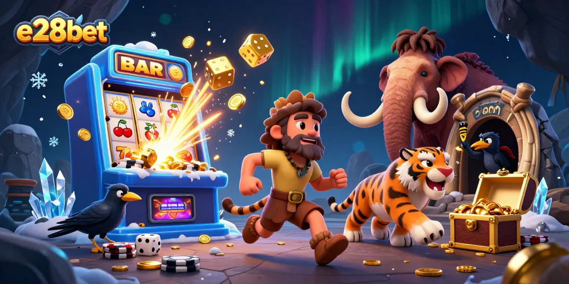 E28bet brings excitement alive with a vibrant 3D casino scene featuring a caveman and his tiger buddy amidst a jackpot explosion.