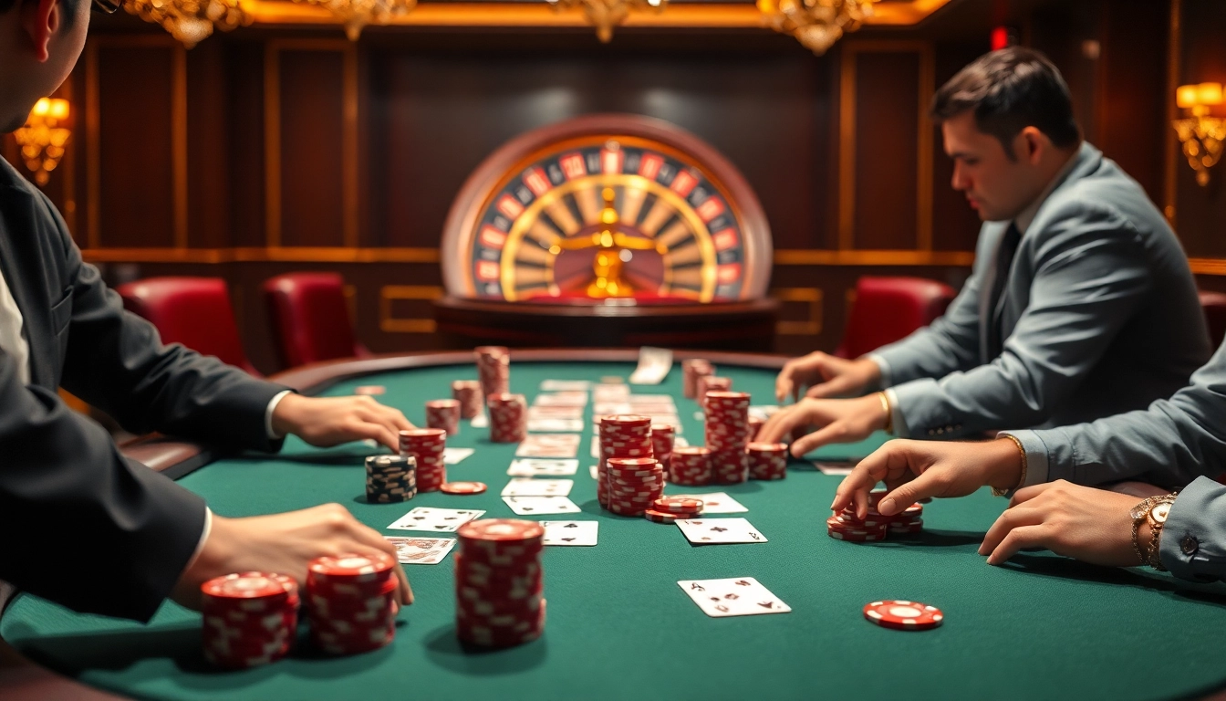 Players strategizing at a luxurious poker table, showcasing the ambiance of https://winvn.wiki's top-tier gaming platform.