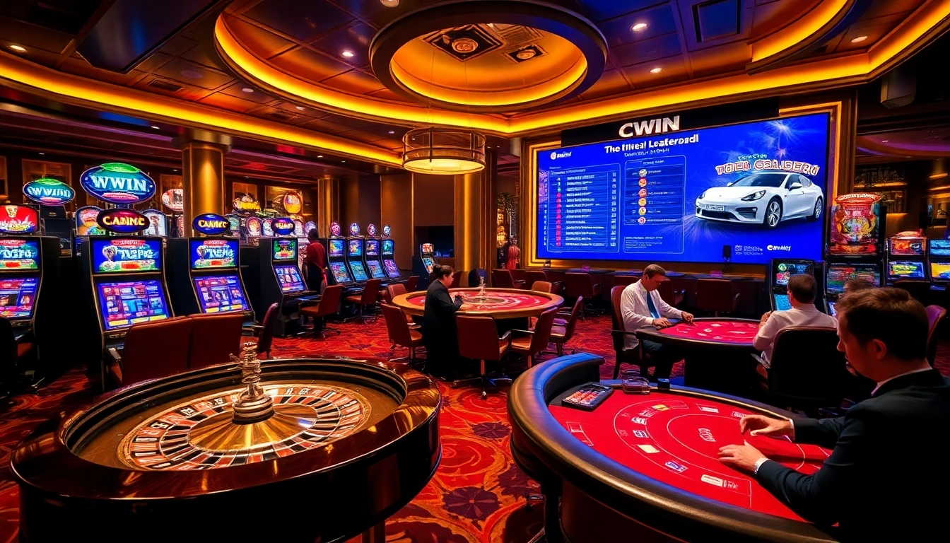 Cwin players enjoy a vibrant casino atmosphere with lively gaming tables and glowing slot machines.