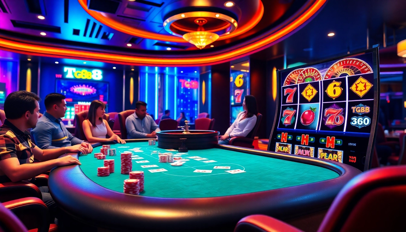 Engaged players enjoying a vibrant tg88 casino atmosphere with poker games and slot machines.