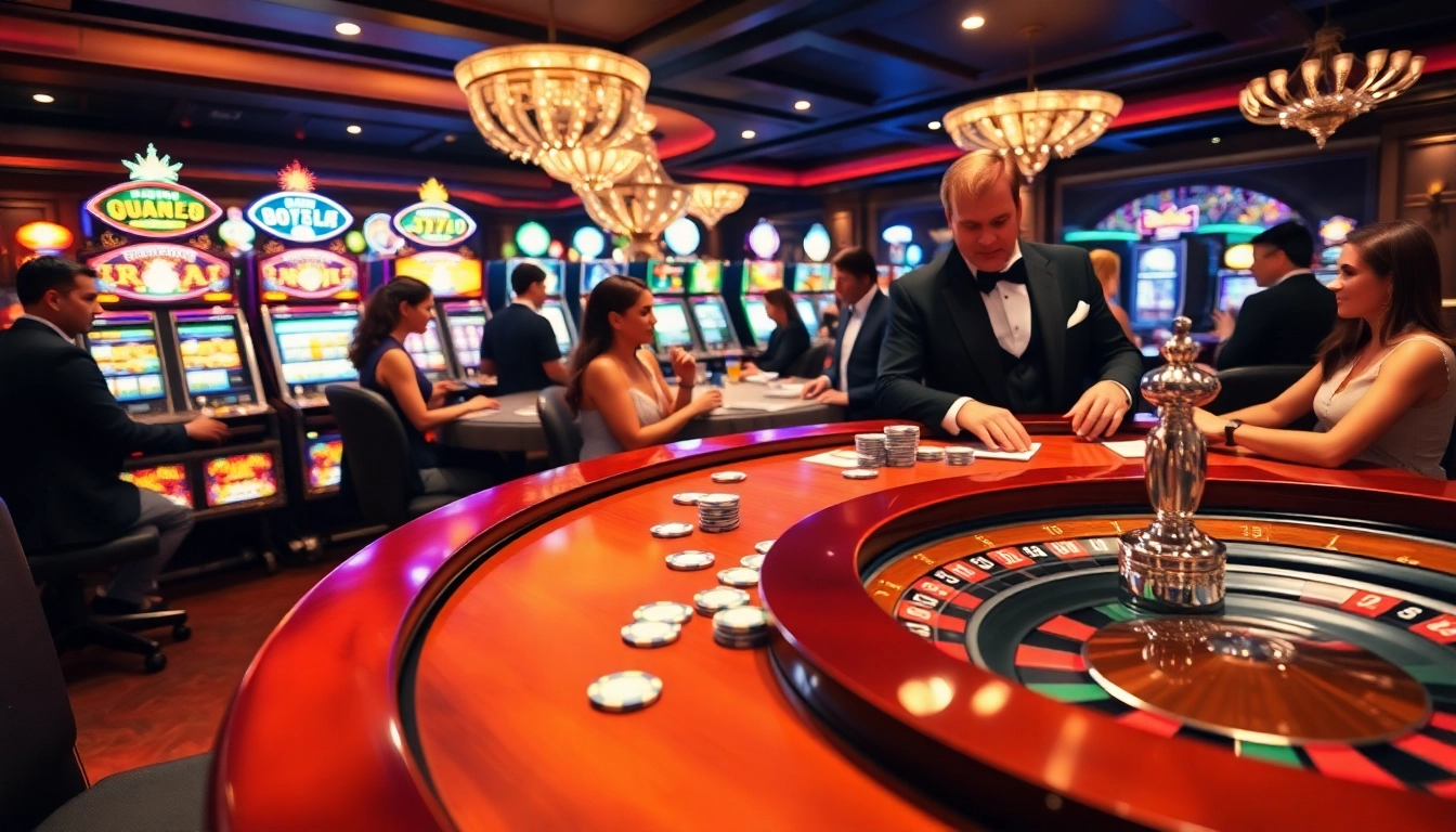 Players enjoying poker at nohu90 casino with vibrant slot machines and a roulette wheel.