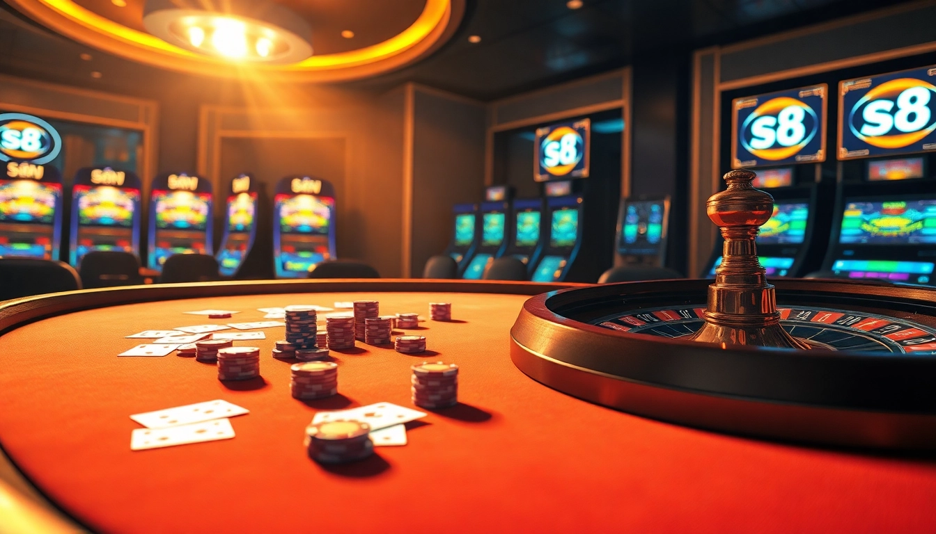 Experience the excitement of s8 gaming with vibrant poker chips and cards on a luxury casino table.