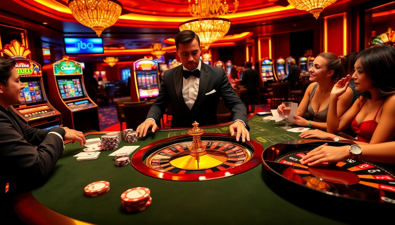 Engaged players enjoying a thrilling casino experience at JBO with elegant gaming tables and vibrant atmosphere.