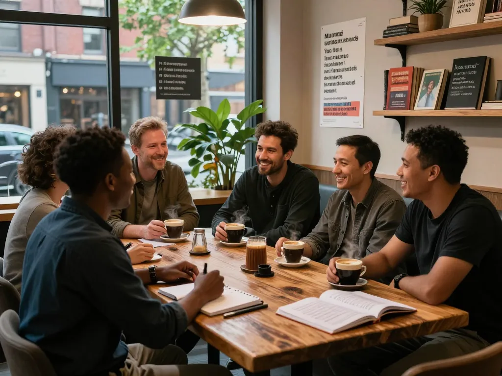 Inclusive 'manclub' gathering in a cozy café fostering conversation and connection among men.