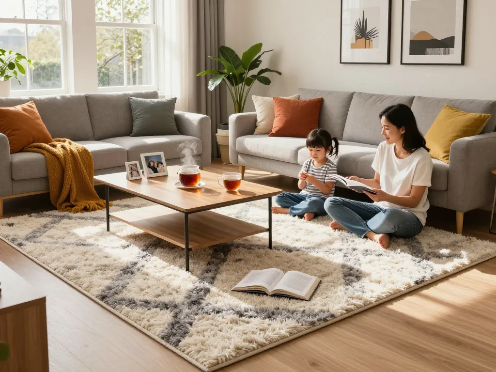 Cozy living room showcasing affordable carpets London with family relaxing on a stylish design, bright cushions, and warm atmosphere.