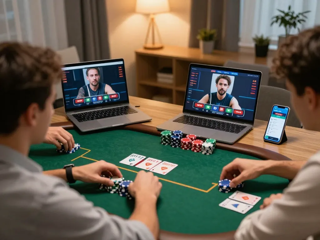Engaged players in a sun win online poker game at home, emphasizing strategy and excitement.