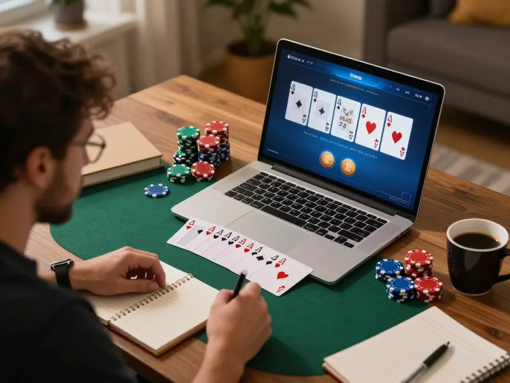 Player engaging in an online poker game at 789club with colorful chips and cards visible on the laptop screen.
