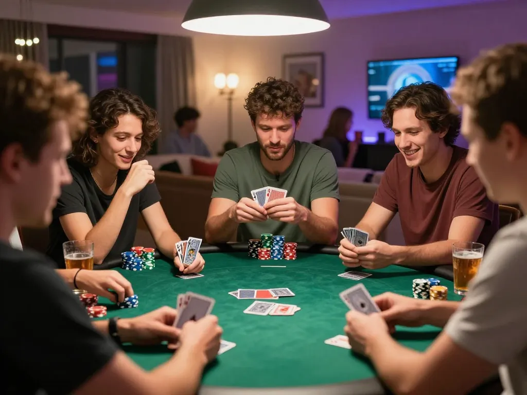 Players enjoying an engaging poker game while discussing strategies at home, highlighting the thrill of 789bet experience.