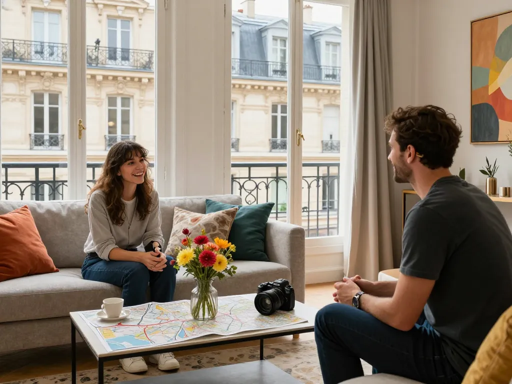 Conciergerie Airbnb Paris scene with a friendly host and happy traveler in a beautifully decorated apartment
