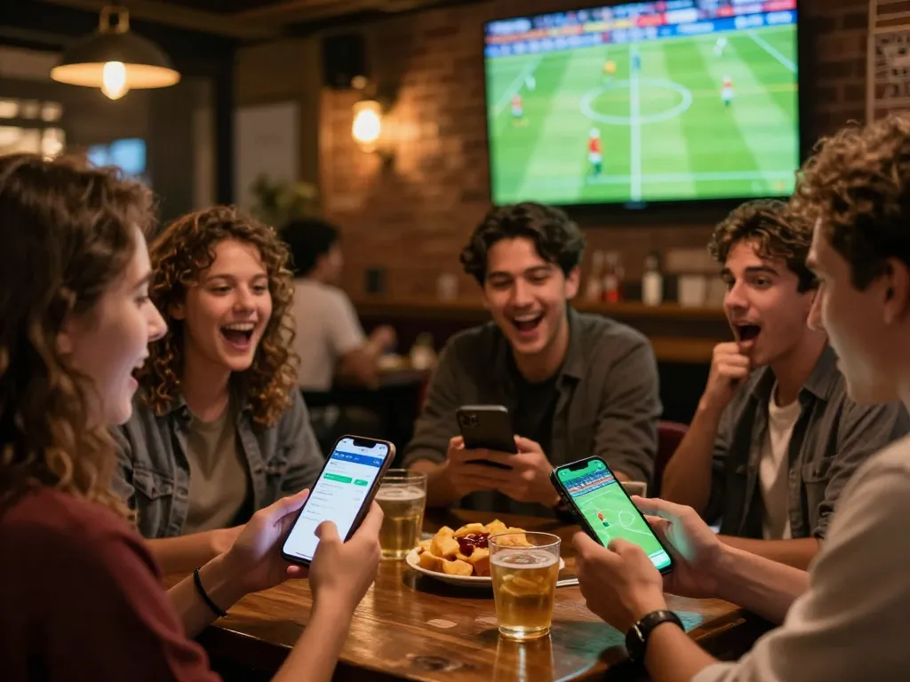 Group of friends engaged in kèo nhà cái hôm nay betting while watching live football match at a bar