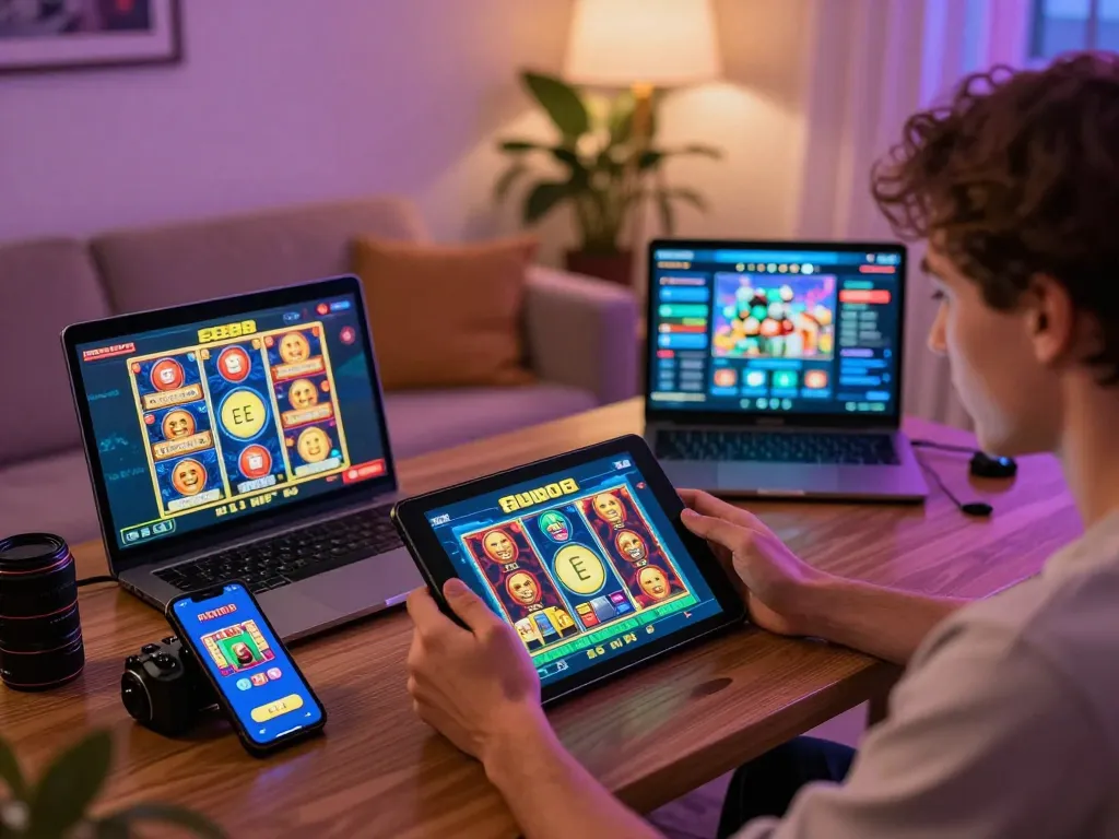 Player enjoying the EE88 gaming app with multiple devices in a vibrant setting.