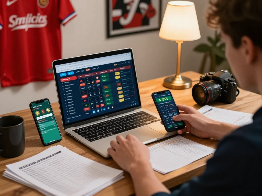 Placing bets on situs parlay from a laptop and smartphone in a cozy sports-themed environment.