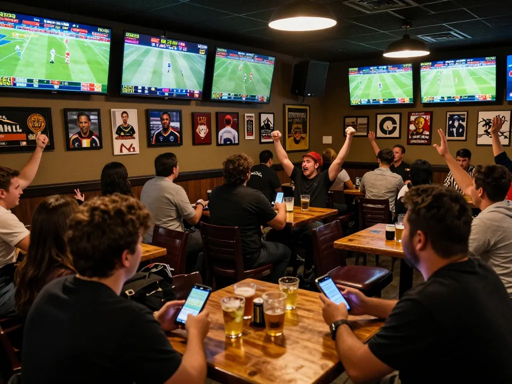 Bongdaso: Engaging sports fans celebrating a winning bet at a lively sports bar.