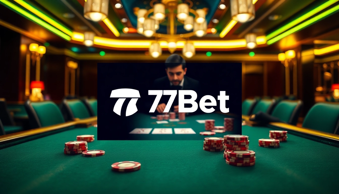Engaging poker game at 77Bet casino with vibrant chips and dealer interaction.
