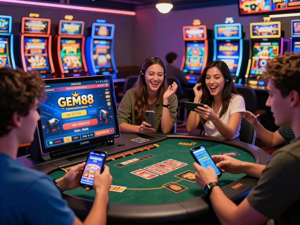 Exciting gem88 online casino scene with friends playing games on mobile devices in a lively atmosphere.