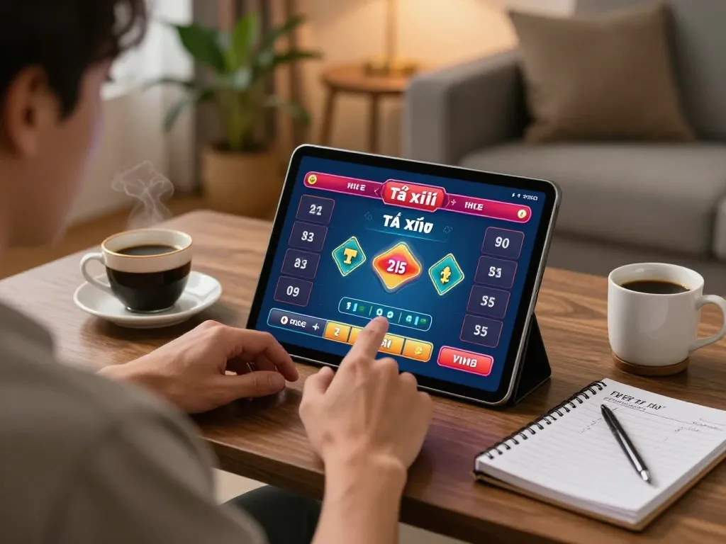 Playing tài xỉu online with betting interface visible on tablet in cozy living room