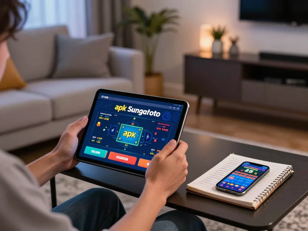 Engage with apk sungaitoto while playing online in a cozy home setting, showcasing a stylish tablet setup.