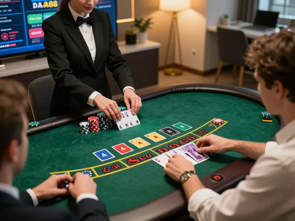 DA88 baccarat game in action with players placing chips, showcasing online gambling excitement.