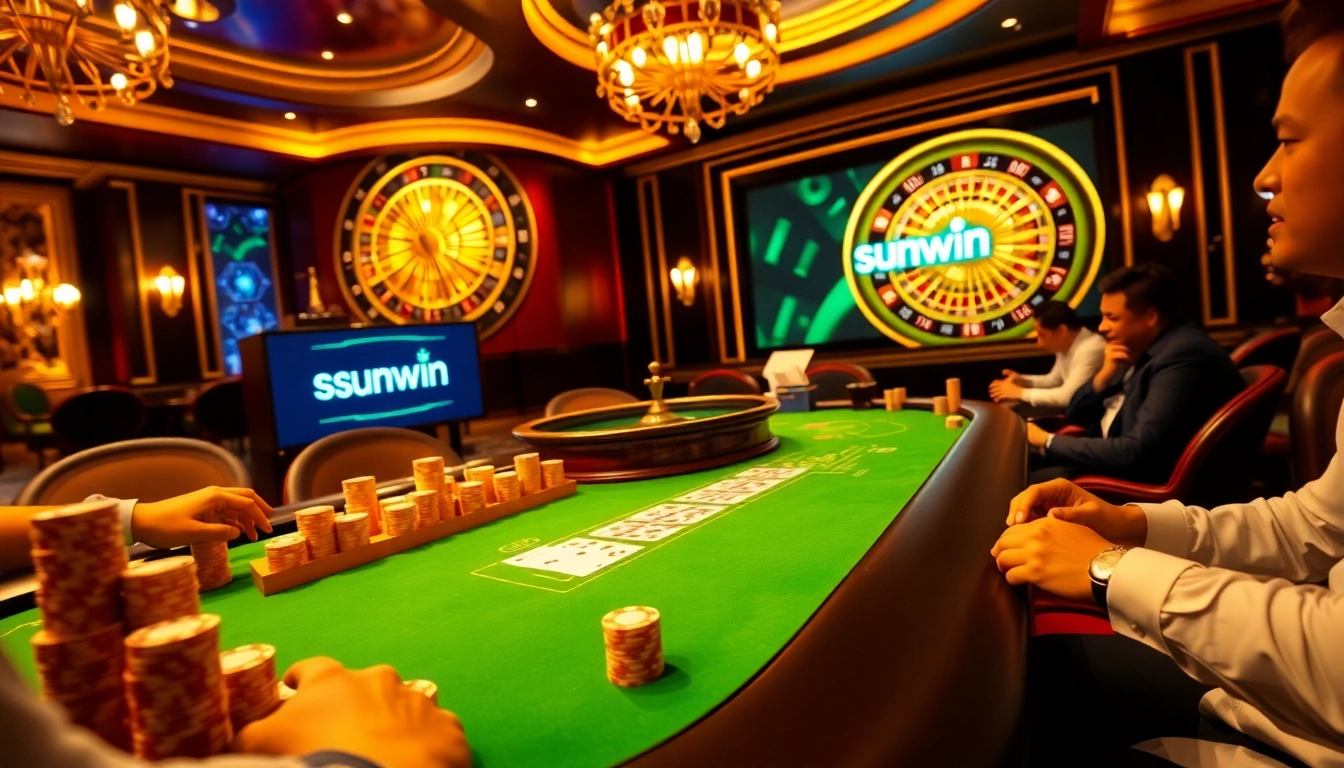 Players engaging in high-stakes poker at a luxurious casino with sunwin branding emphasized.