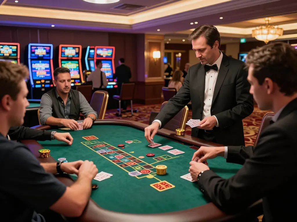 Players making strategic bets at hitclub blackjack table in upscale casino setting