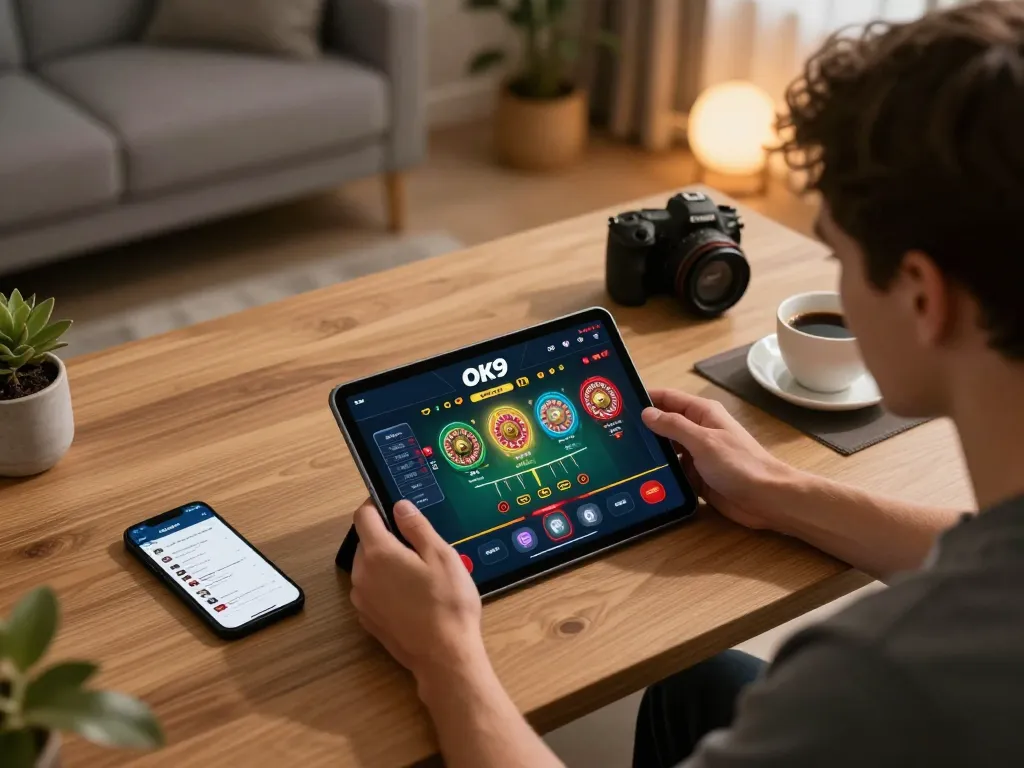 Engaged player using the OK9 app for online gambling in a modern home office environment.