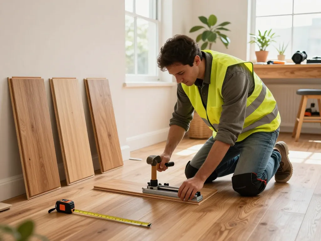 Flooring specialists near me demonstrating hardwood installation in bright workshop.