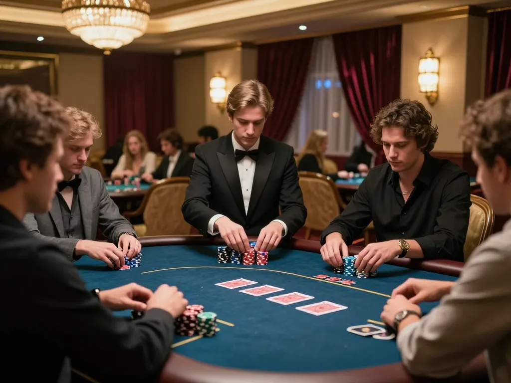 Engaged players at a luxurious poker table in a casino showcasing ve88 strategy and intense gameplay.