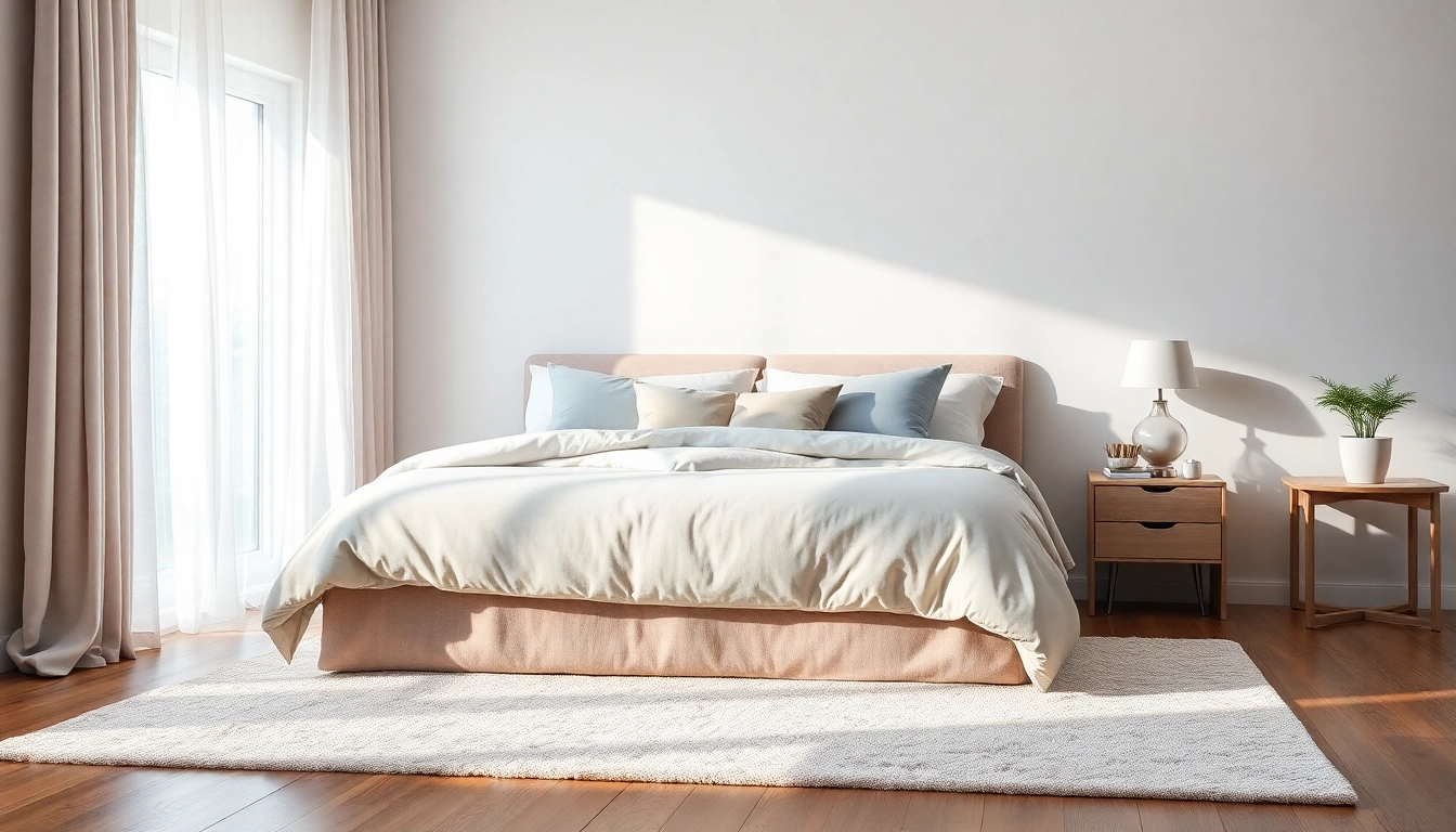 Luxurious full bed adorned with plush pillows and soft bedding in a cozy room.