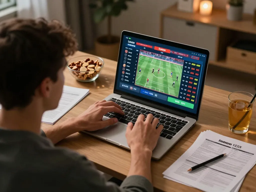 LC88 user engaged in online sports betting strategy from home, showcasing focused gameplay.