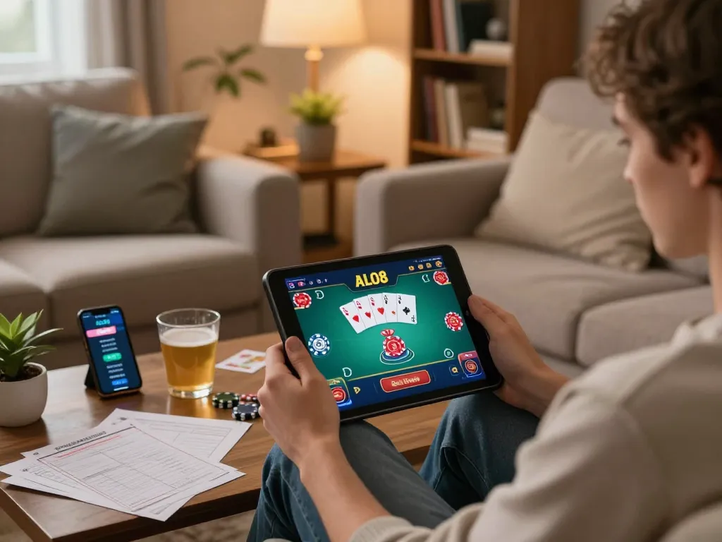 Player engaging in online casino gaming at ALO8 on tablet, showcasing strategy notes and a cozy home environment.