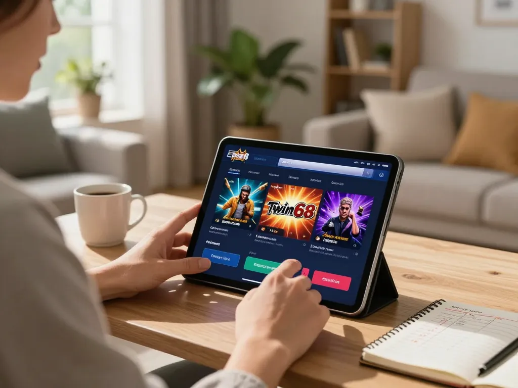 Twin68 online gaming experience with a player enjoying the app in a cozy home setting.