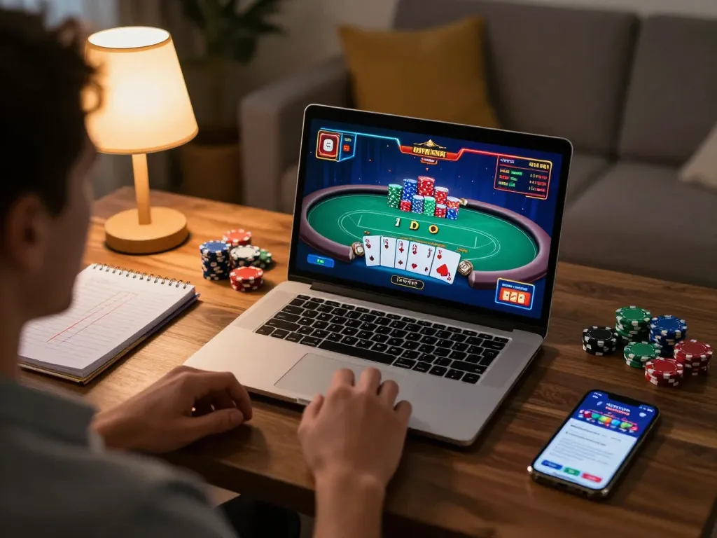 Cwin player engaging in an exciting online poker game during a cozy home session, showcasing strategic gameplay.