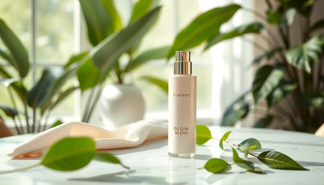 Showcase the Glow Blend beauty product with elegant design and fresh greenery.