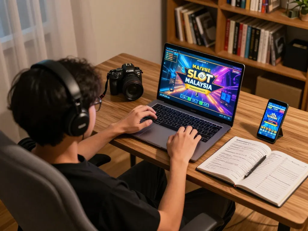 Playing Slot Malaysia online with engaging graphics in a cozy home gaming setup
