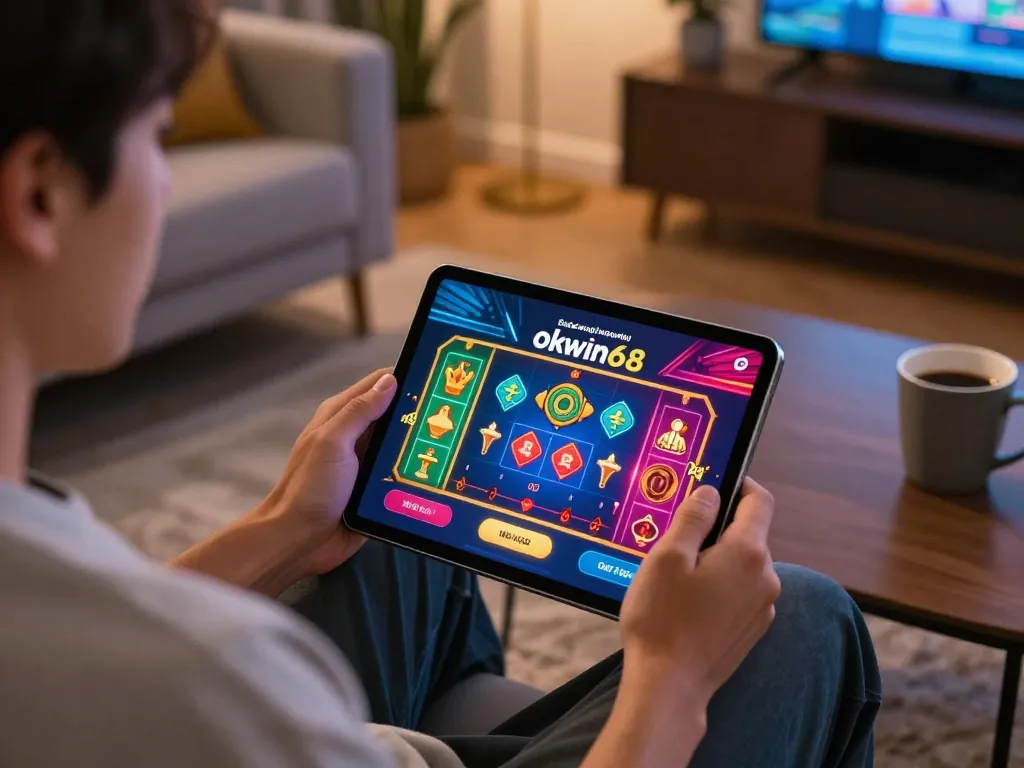 Player interacting with okwin68 app on a tablet, showcasing interactive casino gaming experience
