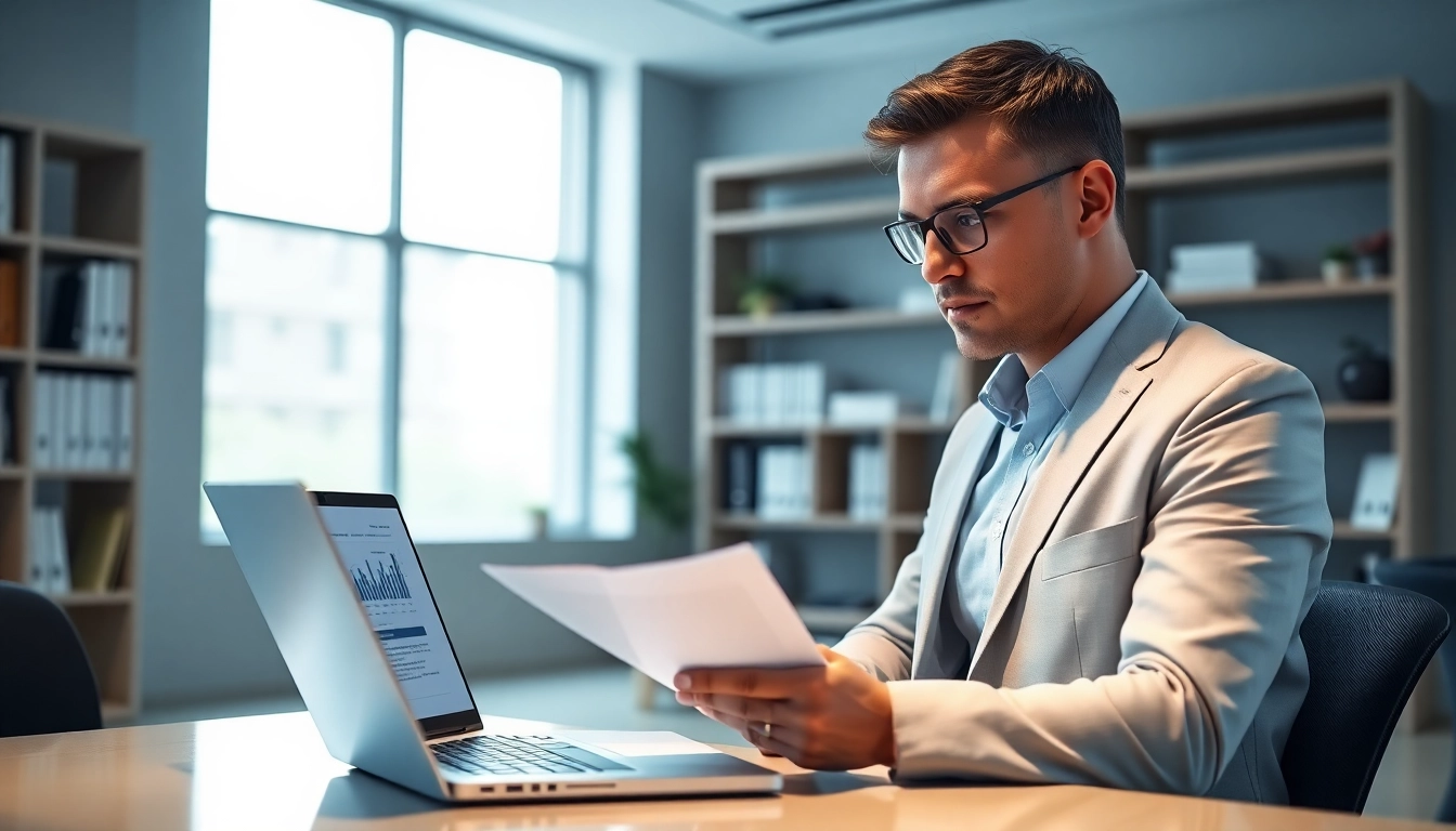 Engage with pre-post award compliance strategies, featuring a consultant reviewing detailed documentation.