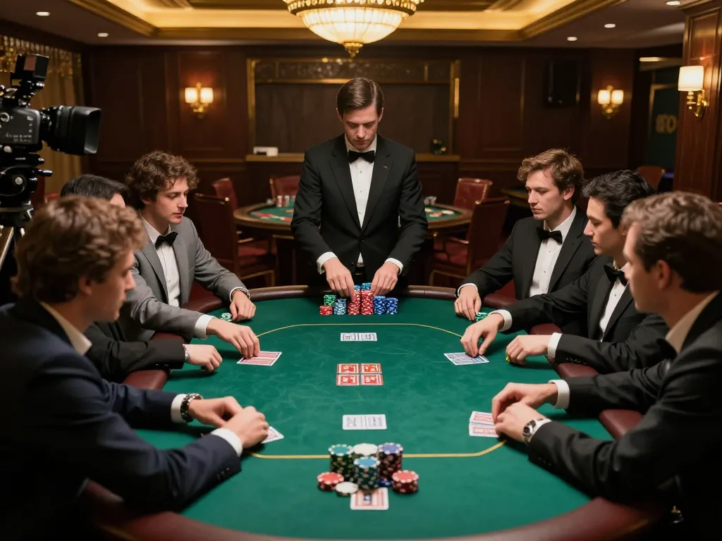 Players engage in a strategic poker game at a luxurious casino, embodying the spirit of 7mcn.