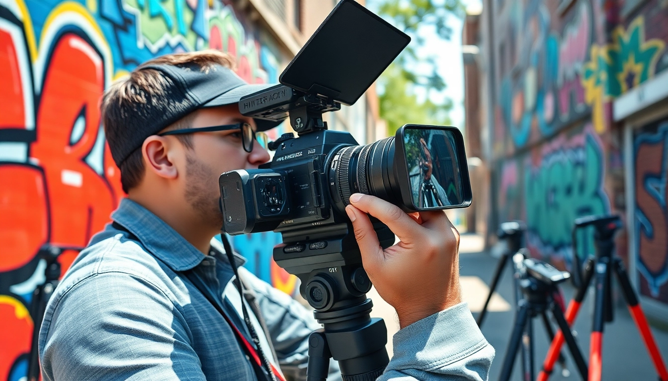 Capture of a videographer in action showcasing Video Production skills amidst vibrant street art.