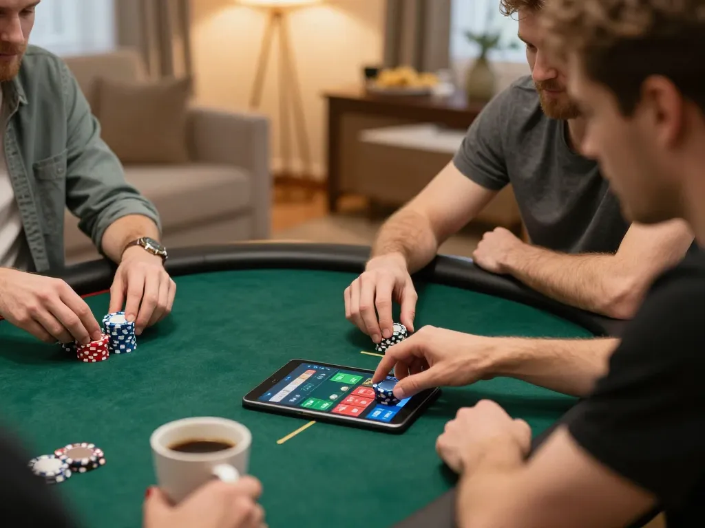 Engaging gameplay on 79win app, showing player focusing on poker strategy with tablet.