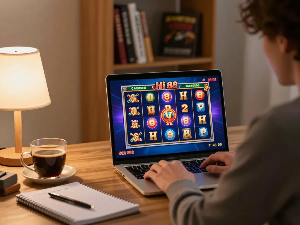 Player engaging with Hi 88 online casino game, showcasing exciting slot action in cozy home setting.