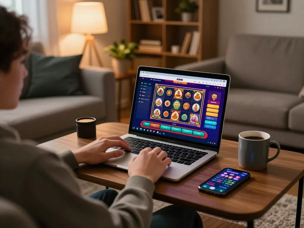 Kwin online gaming setup featuring a player engaged in thrilling casino gameplay on a laptop, cozy home atmosphere.