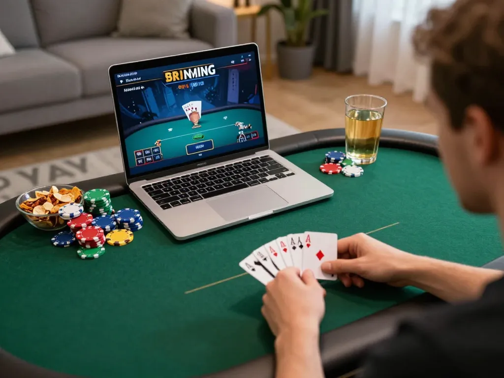 MMOO player showcases winning hand during an exciting online poker game on a laptop in a cozy setting
