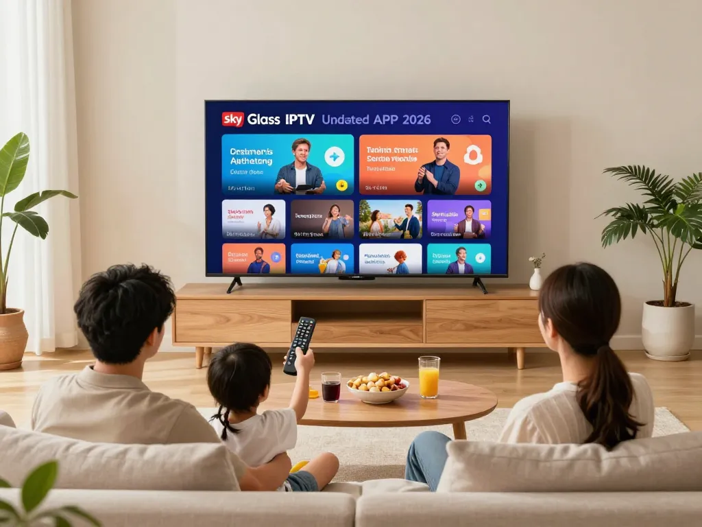 Family enjoying the Sky Glass IPTV Updated APP 2026 in a cozy living room