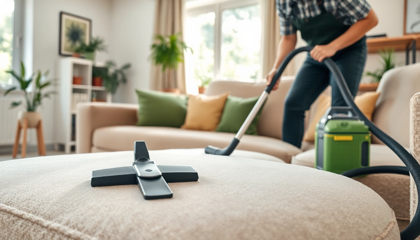 Sofa cleaning in Glasgow: A professional cleaning technician at work in a bright living room.