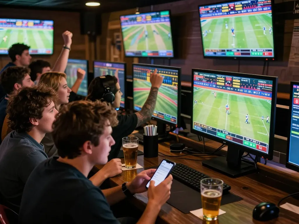Engaging sports betting scene where users utilize 1gom for live odds on their smartphones.