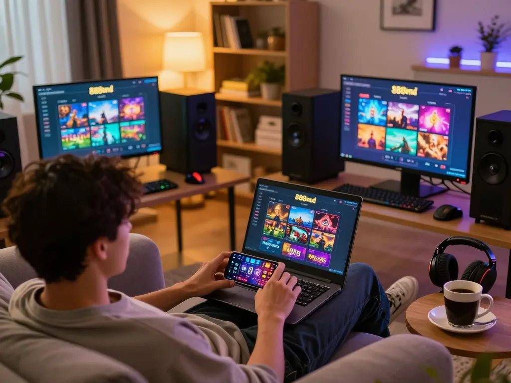 Engaging in online gaming on the 888vnd platform at a cozy home setup.