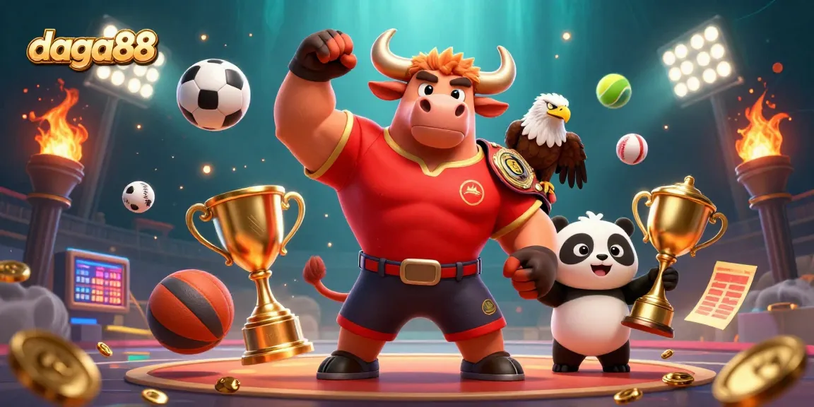 Engage in thrilling gameplay at daga88 with dynamic 3D sports cartoon characters celebrating victories in an exciting casino scene.