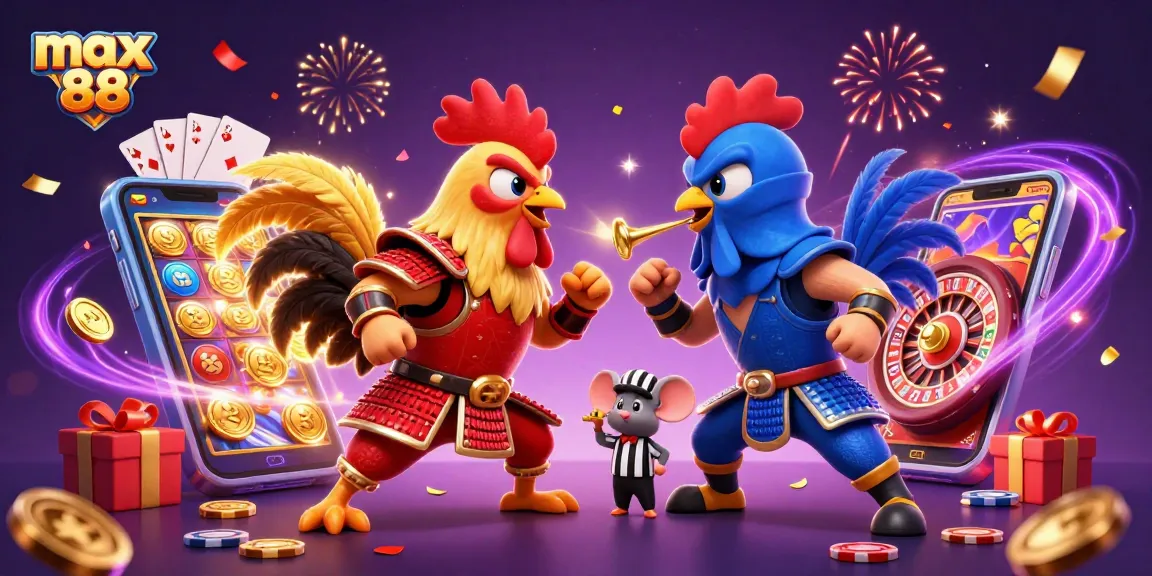 Engage in thrilling gameplay at max 88 with 3D cartoon roosters battling and casino elements all around.