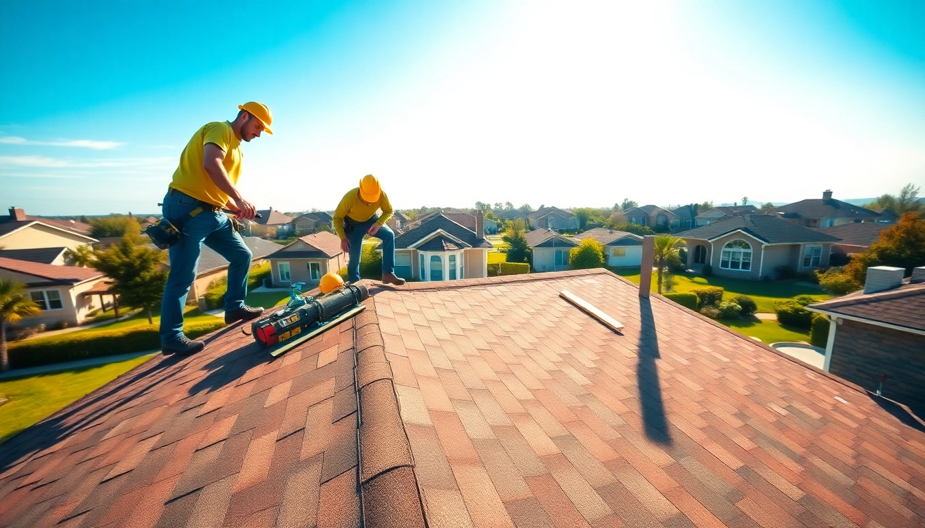Roofing company team installing shingles on a residential home, showcasing expert craftsmanship.