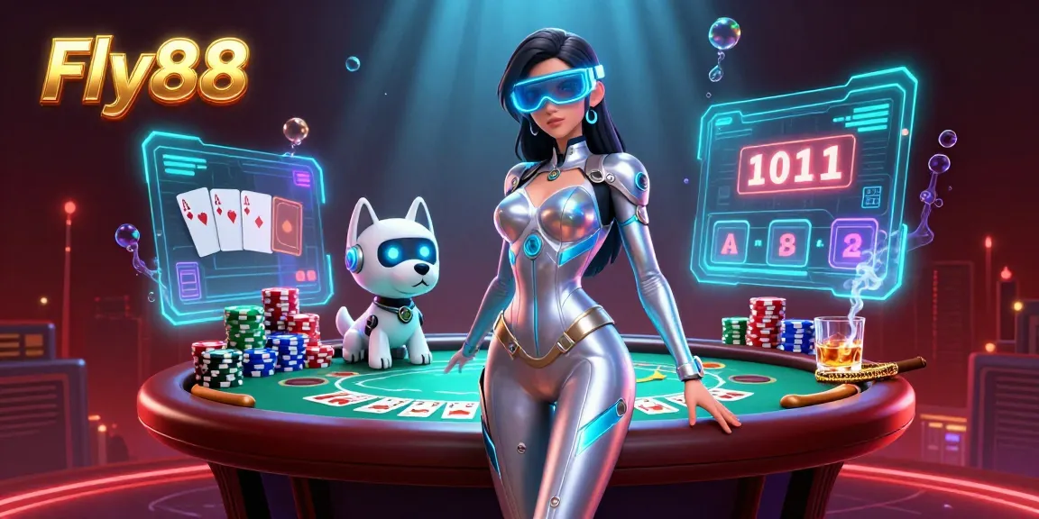 Engage with Fly88 in a vibrant 3D casino scene featuring poker and holographic elements.